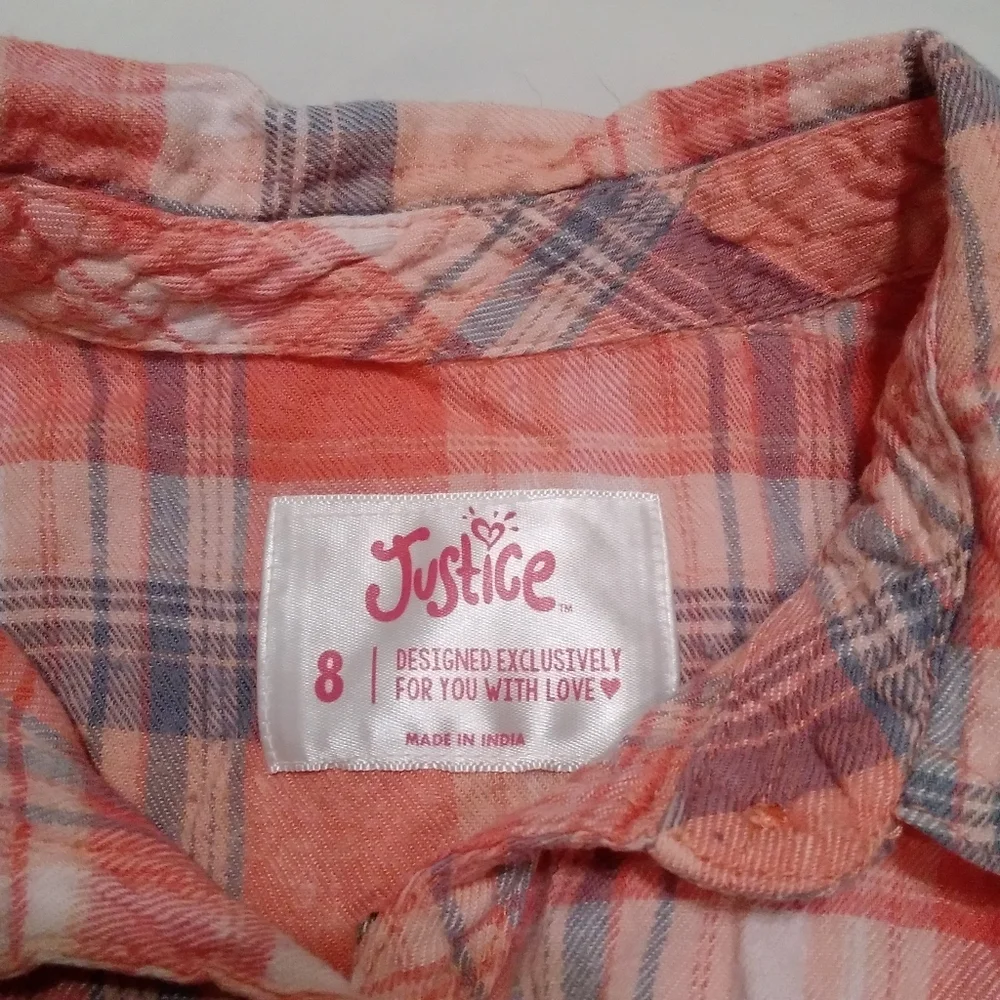 Justice Plaid Button Up Embroidered Shirt Size 8